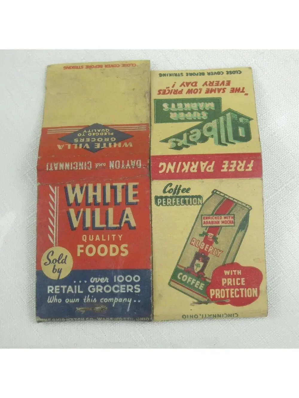 2 Vintage Matchbook Covers White Villa Dayton & Cincinnati & Albers Supermarkets